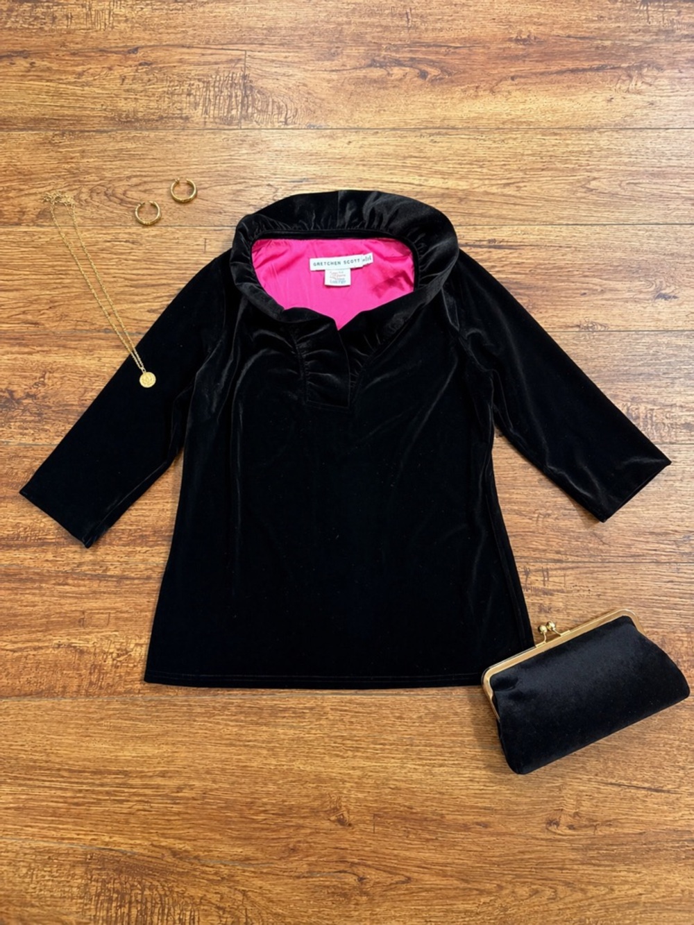 Gretchen Scott Black Velvet Top | Ruffle Collar | 3/4 Sleeve | Size L
